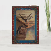 バレンタイン。リボンにハートが付いたツバメ。 シーズンカード (正面)