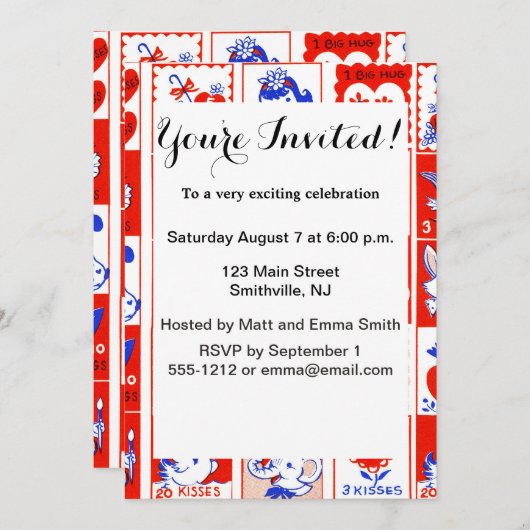 バレンタイン レトロ ラブ ハグ キュート パターン 招待状 (正面/裏面)