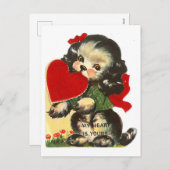 バレンタイン ヴィンテージ かわいい子犬とハート シーズンポストカード (正面/裏面)