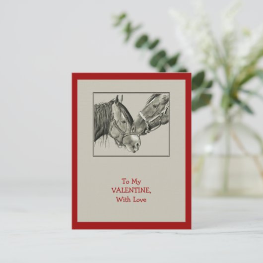 バレンタイン: 寄り添っている馬: オリジナルの鉛筆の芸術 シーズンポストカード (スタンド正面)