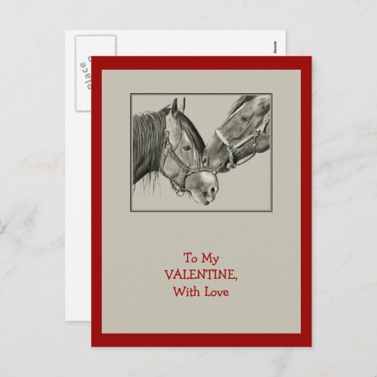 バレンタイン: 寄り添っている馬: オリジナルの鉛筆の芸術 シーズンポストカード (正面/裏面)
