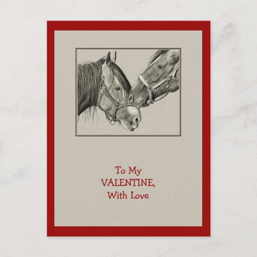 バレンタイン: 寄り添っている馬: オリジナルの鉛筆の芸術 シーズンポストカード (正面)