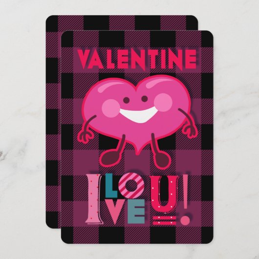 バレンタイン 愛してる!かわいいハートキャラクター、チェック柄 シーズンカード (正面/裏面)