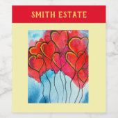 バレンタイン 水彩 赤いハート風船 ワインラベル (シングルラベル)