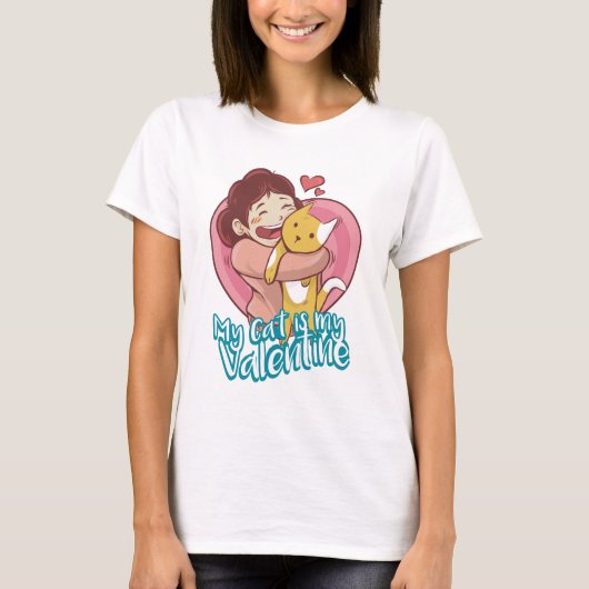 バレンタイン 猫 女性 白 Tシャツ (正面)