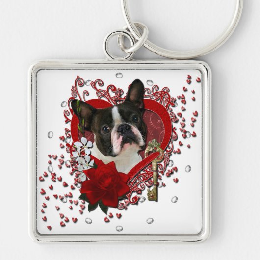 バレンタイン-私のハートへの鍵-ボストンテリア キーホルダー (正面)