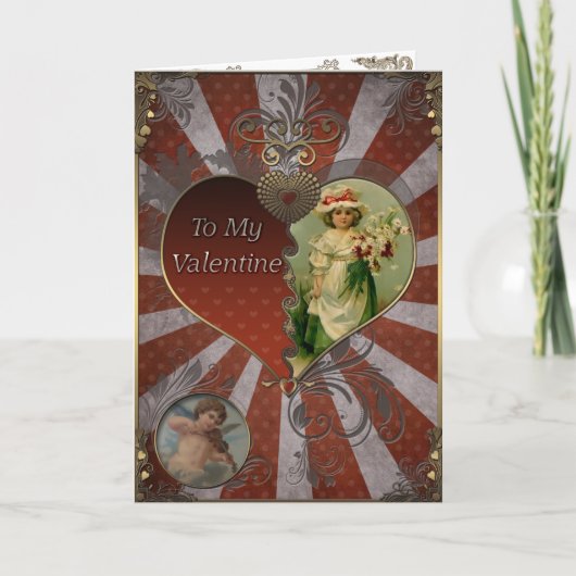 バレンタイン – 花束の女の子。 シーズンカード (正面)