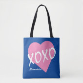 バレンタインXOXOピンクハートハグキスブルー トートバッグ (正面)