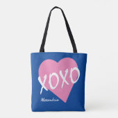 バレンタインXOXOピンクハートハグキスブルー トートバッグ (裏面)