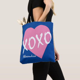 バレンタインXOXOピンクハートハグキスブルー トートバッグ
