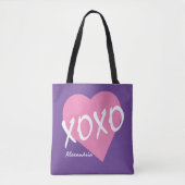 バレンタインXOXOピンクハートハグキス紫 トートバッグ (正面)