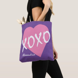 バレンタインXOXOピンクハートハグキス紫 トートバッグ