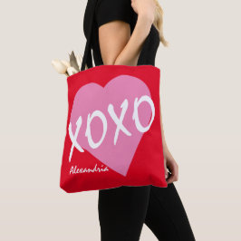 バレンタインXOXOピンクハートハグキス赤 トートバッグ