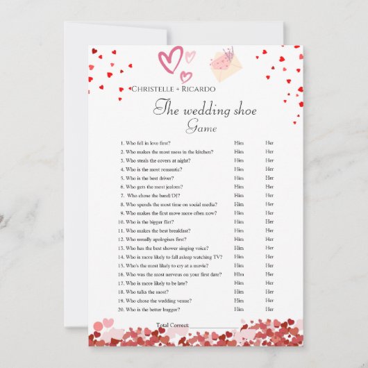 バレンタイ結婚ンハートシューゲームパーティーゲームカード 案内状 (正面)