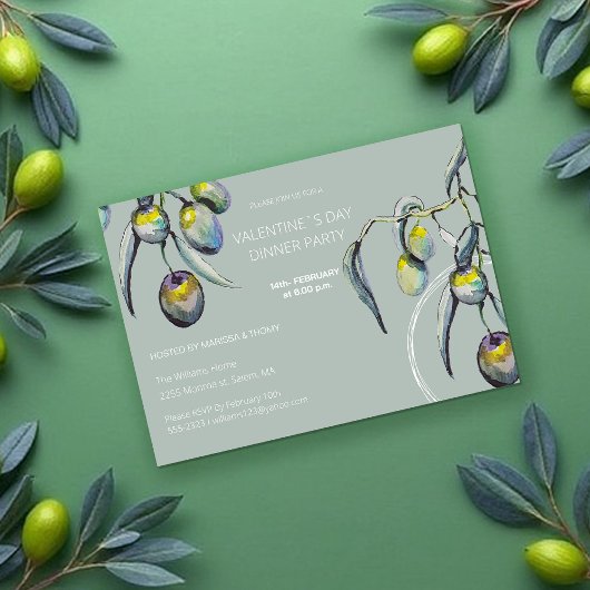 バレンタイ芸術的ンディナーパーティー水彩オリーブ シーズンカード