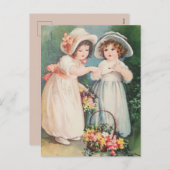 バレンタビクトリアンンと花を持つ子ども シーズンポストカード (正面/裏面)
