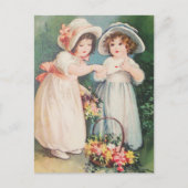 バレンタビクトリアンンと花を持つ子ども シーズンポストカード (正面)