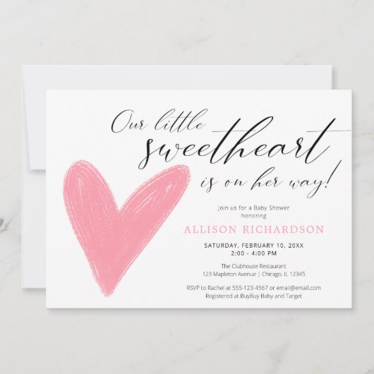 バレンティモダンンピンクの白い女の子の赤ちゃんシャワー 招待状 (正面)