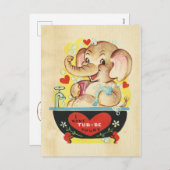 バレンティンズデイエレファントキッドアニマルレトロ赤いハート シーズンポストカード (正面/裏面)