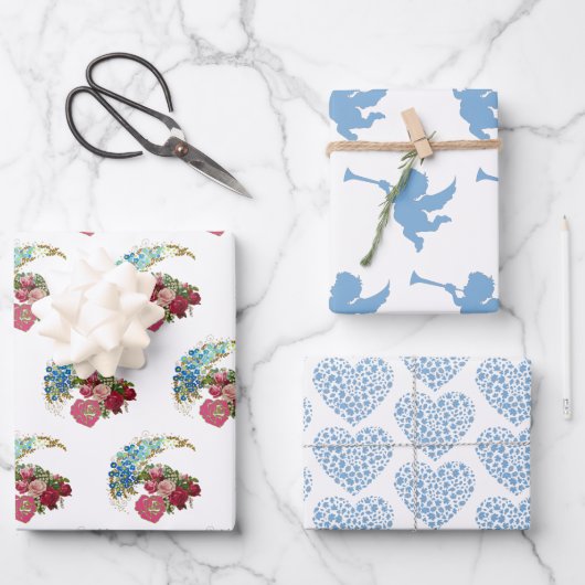 バレンティンデイロマンチックバラキューピッドハートブルーアート ラッピングペーパーシート (正面)