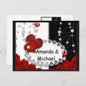 バレンティンデーハートとビーズパールレッドブラックwh インビテーションポストカード (正面/裏面)