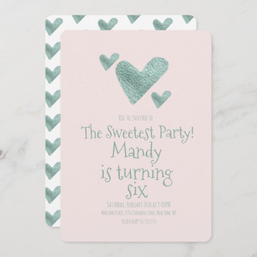 バレンティンデーハートメタリックウォーター誕生日 招待状 (正面/裏面)