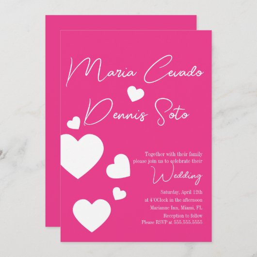 バレンティンピンクハートフローティンラヴ結婚ィーズ 招待状 (正面/裏面)