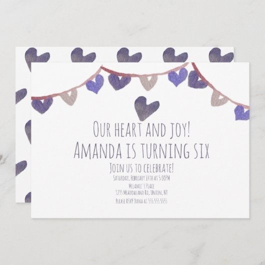 バレンティーンズデイバースデーパーティーハート水彩 招待状 (正面/裏面)