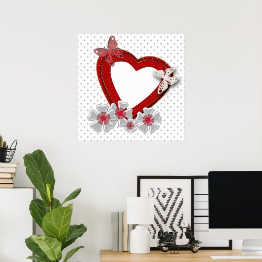 バレンティーンズデイフラワーズフローラ赤いハート蝶 ポスター (ホームオフィス)