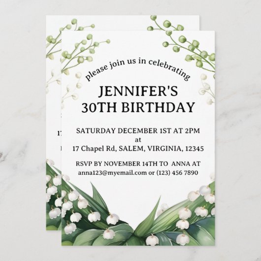 バレーバースデーパーティーの水彩百合 招待状 (正面/裏面)