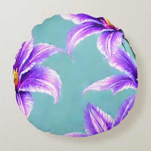 バレーパターンの紫のユリ ラウンドクッション (正面)