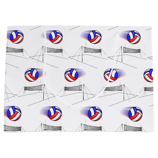 バレーボールがネットの上を飛ぶ ラージペーパーバッグ (正面)