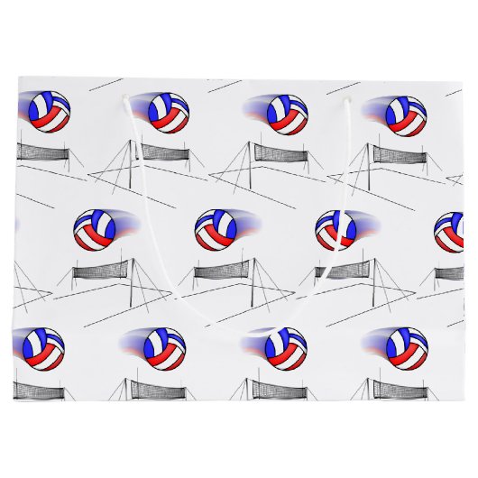 バレーボールがネットの上を飛ぶ ラージペーパーバッグ (裏面)