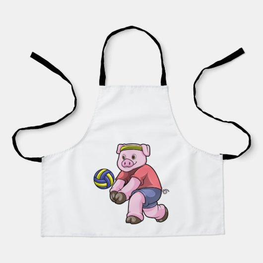 バレーボールでスポーツをする豚 エプロン (正面)