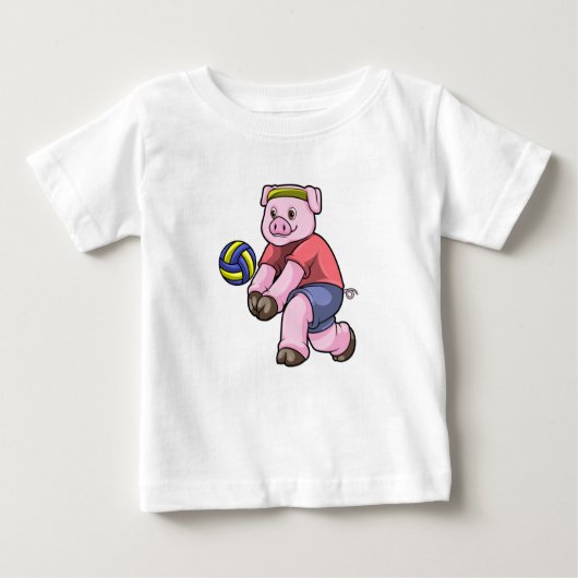 バレーボールでスポーツをする豚 ベビーTシャツ (正面)