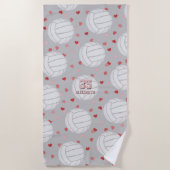 バレーボールとハートのパタパーソナライズされたーン ビーチタオル (正面)