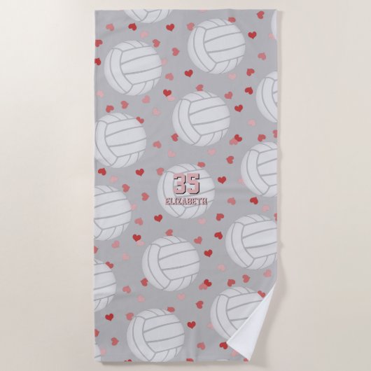 バレーボールとハートのパタパーソナライズされたーン ビーチタオル (正面)