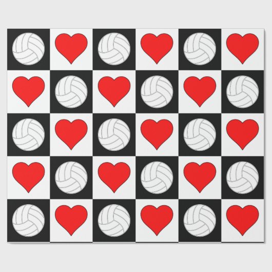 バレーボールとハートブラック&ホワイト市松模様に ラッピングペーパー (フラット)