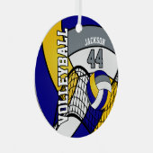 バレーボールの個人用設定(青、黄、灰色) メタルオーナメント (正面右)