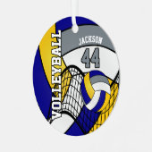 バレーボールの個人用設定(青、黄、灰色) メタルオーナメント (正面左)