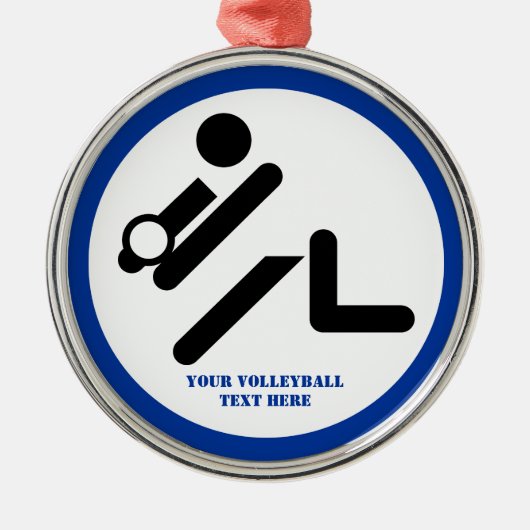 バレーボールの選手の黒、白、青のアイコンのカスタム メタルオーナメント (正面)