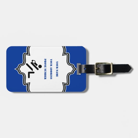 バレーボールの選手の黒、白、青のアイコンのカスタム ラゲッジタグ (正面横)