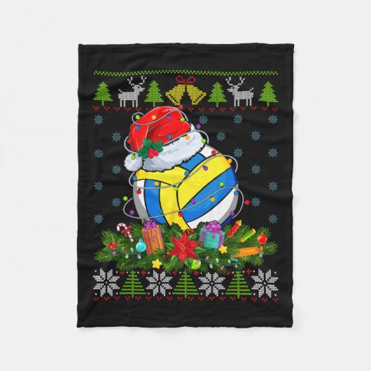 バレーボールサンタハットクリスマスライト醜いSwe フリースブランケット (正面)