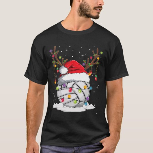 バレーボールサンタハットトナインダクリスマスライトおもしろい Tシャツ (正面)