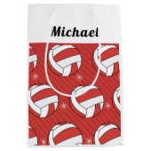 バレーボールストライプのフェスティバルボール雪男の子名レッド ミディアムペーパーバッグ (正面)