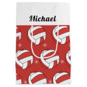 バレーボールストライプのフェスティバルボール雪男の子名レッド ミディアムペーパーバッグ (裏面)