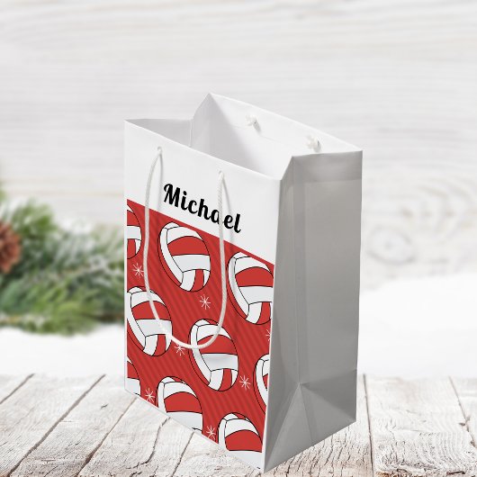 バレーボールストライプのフェスティバルボール雪男の子名レッド ミディアムペーパーバッグ