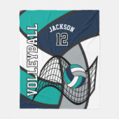 バレーボール🏐スポーツinブルー,ティール(緑がかった色),ホワイトとグレー フリースブランケット (正面)