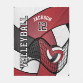 バレーボール🏐スポートinマルーンレッド、ホワイト&ブラック フリースブランケット (正面)