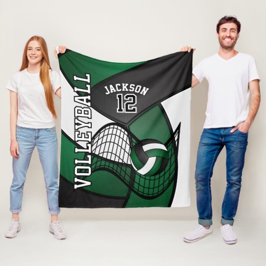 バレーボール🏐ダークグリーン、ホワイト、ブラックのスポーツ フリースブランケット (インサイチュ)